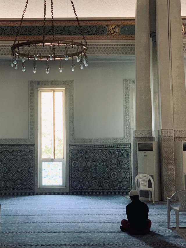 A solitary figure kneels on a carpeted floor, bathed in soft, natural light filtering through an ornate window in a serene, tiled mosque interior