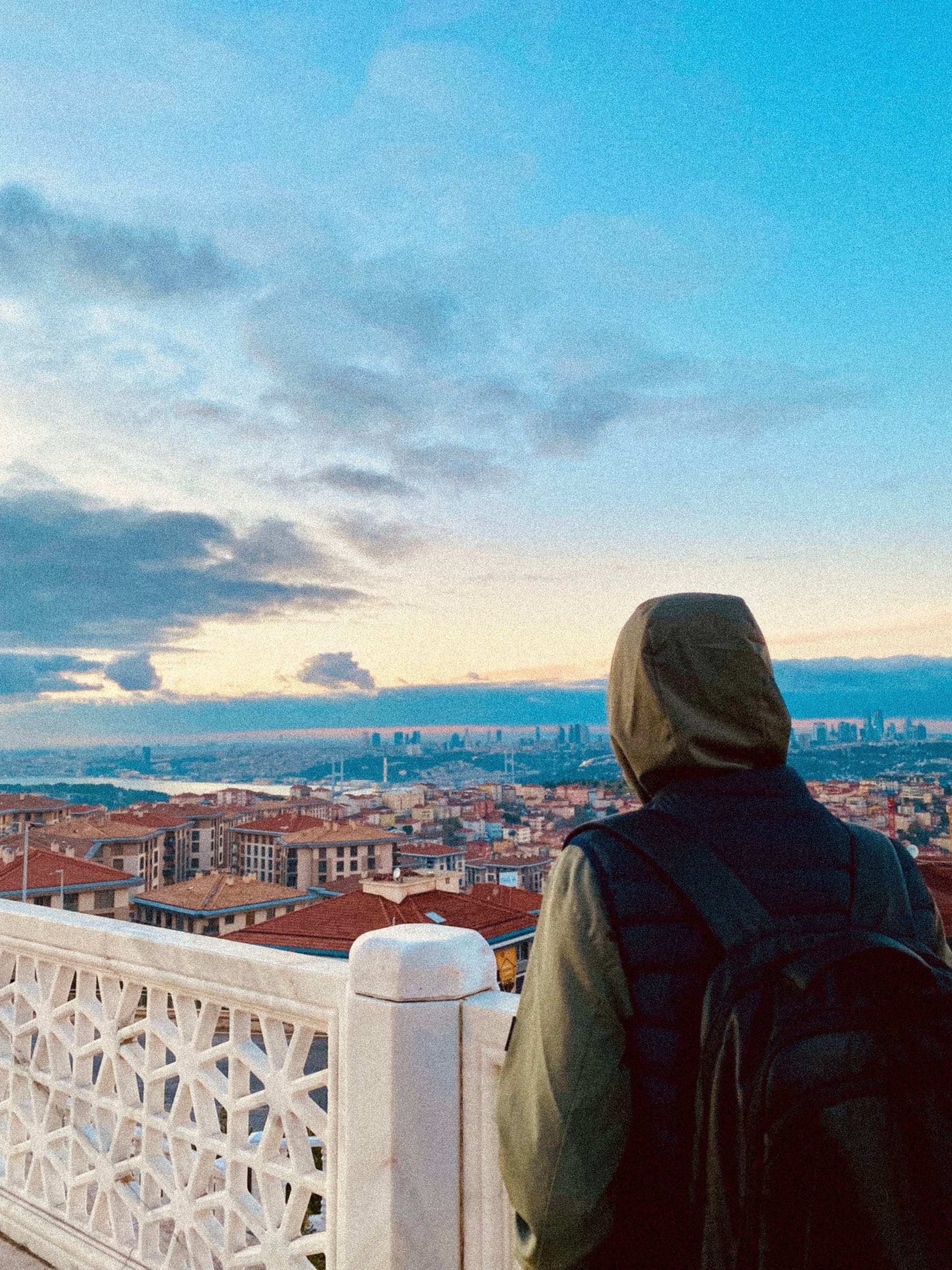 Person gazes at a stunning cityscape at dawn, with soft blue skies and scattered clouds, creating a serene and contemplative atmosphere